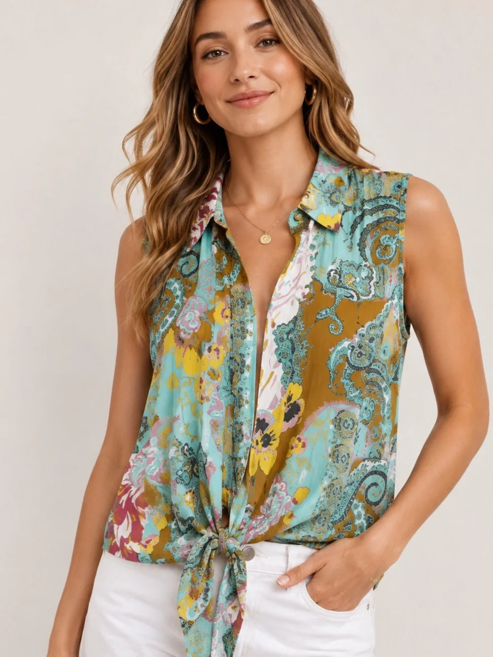 Violet & Claire Multicolor Vibrant Paisley Print Sleeveless Top